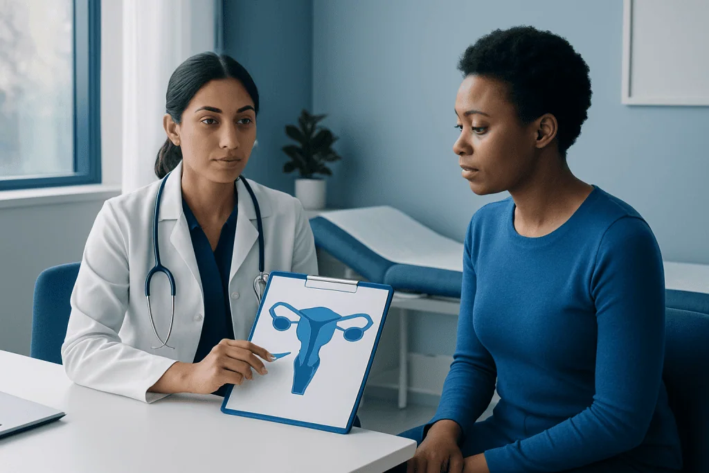 Doctor explaining female reproductive system to patient in clinic.