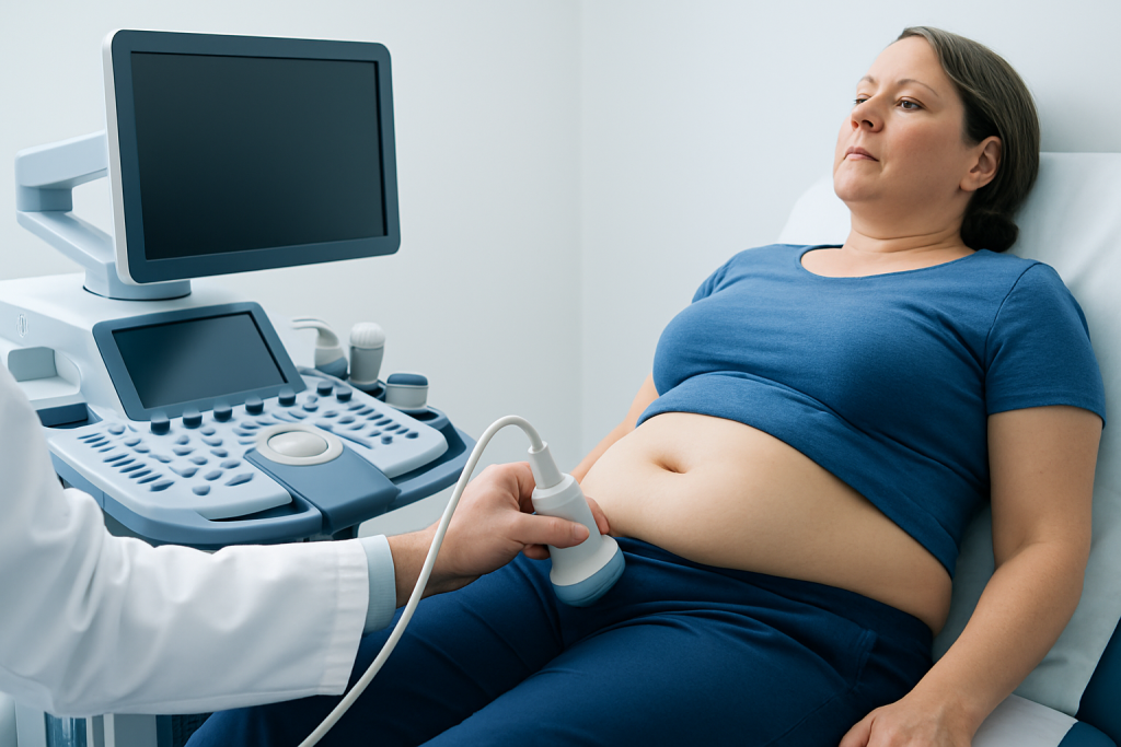 Woman undergoing an abdominal ultrasound examination in a medical clinic.