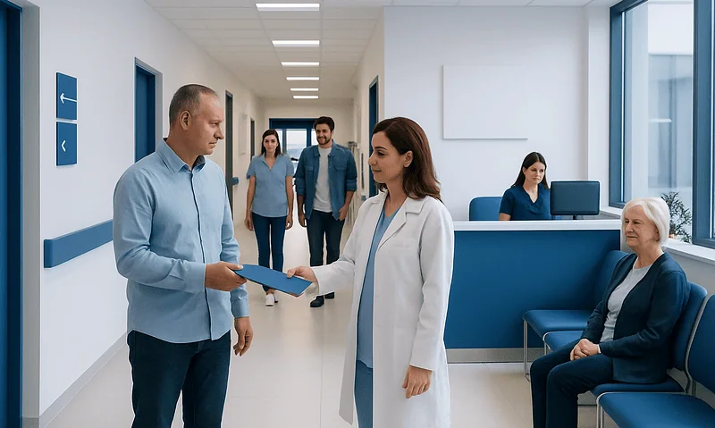 Patient receiving assistance from healthcare professional in hospital corridor.
