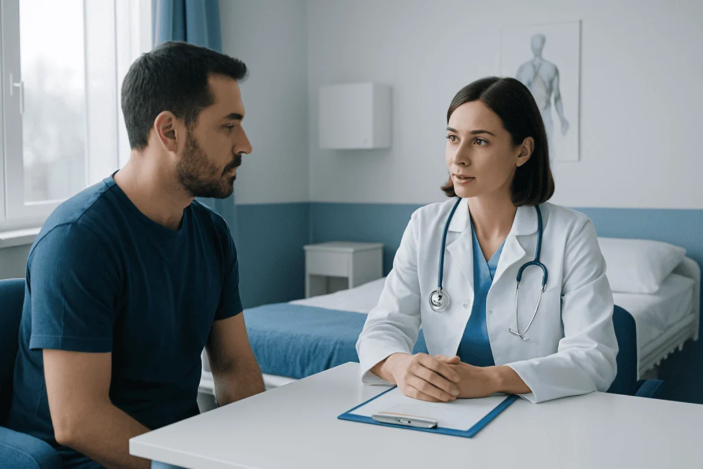 Doctor consulting with patient in a hospital room at Acibadem Hospitals Group.