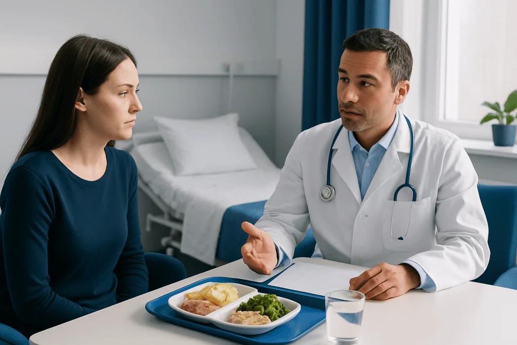 Doctor consulting with a patient about dietary needs in a hospital room.