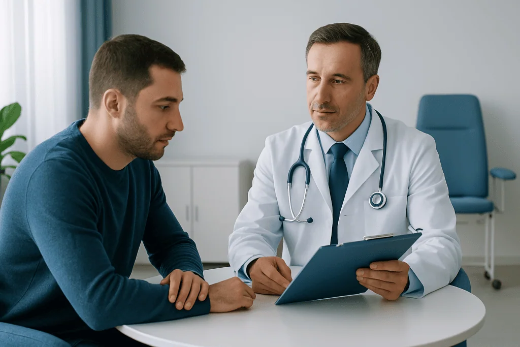 Doctor consulting with a patient about medical credentials in a clinic setting.