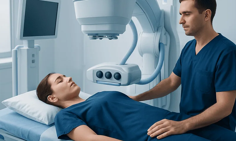 Hot Stone Massage: An Evidence-Based Guide for Patients 9 Medical professional preparing for a diagnostic imaging procedure in a hospital.