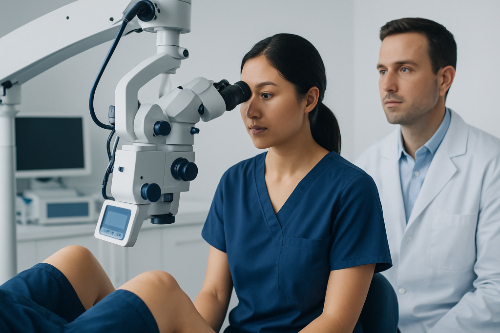 Doctor examining patient with a microscope in a medical clinic.