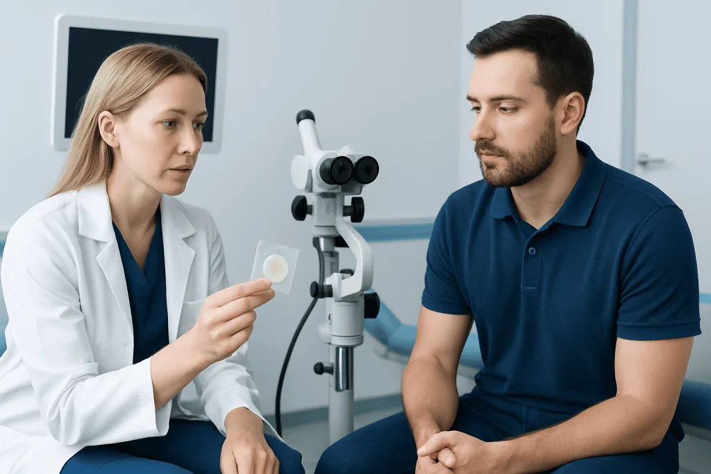 Doctor explains HPV test to male patient in clinic setting.
