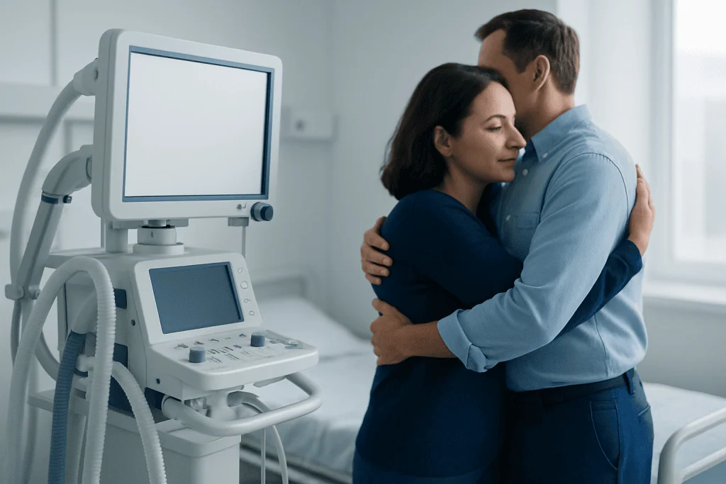 Patients hugging in a hospital room with medical equipment nearby.