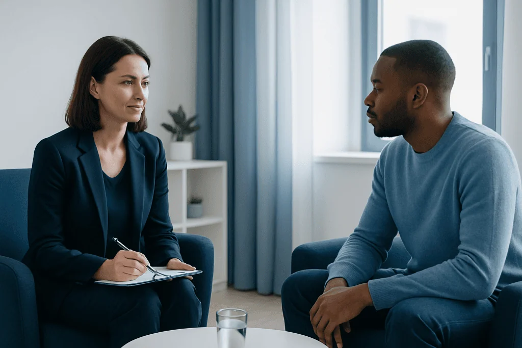 Therapist and patient in a counseling session at Acibadem Hospitals Group.