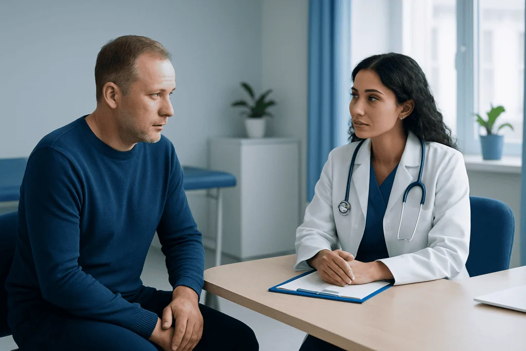 Doctor consulting with male patient in a medical office.