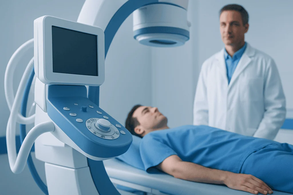 Medical professional operating MRI machine in hospital setting.