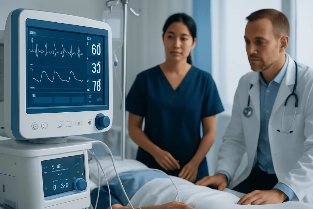 Medical professionals monitoring patient vital signs with a heart rate monitor.