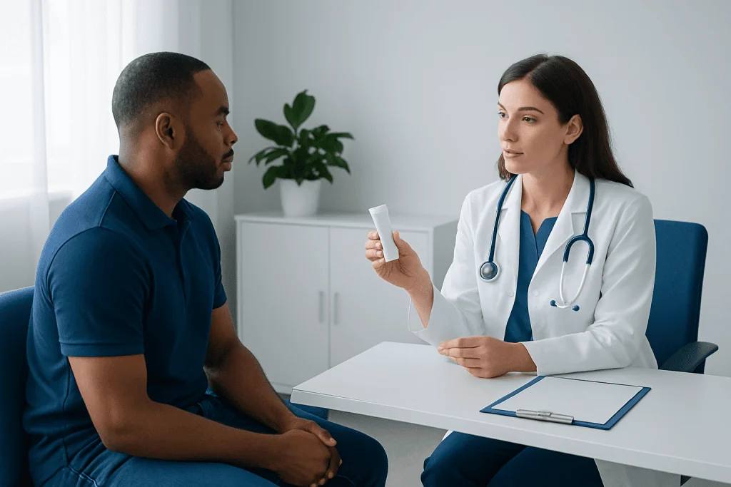 Doctor consulting with patient in a medical office setting.