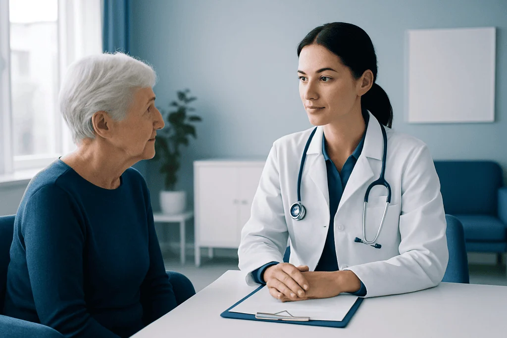Doctor consulting with elderly patient in a modern clinic setting.