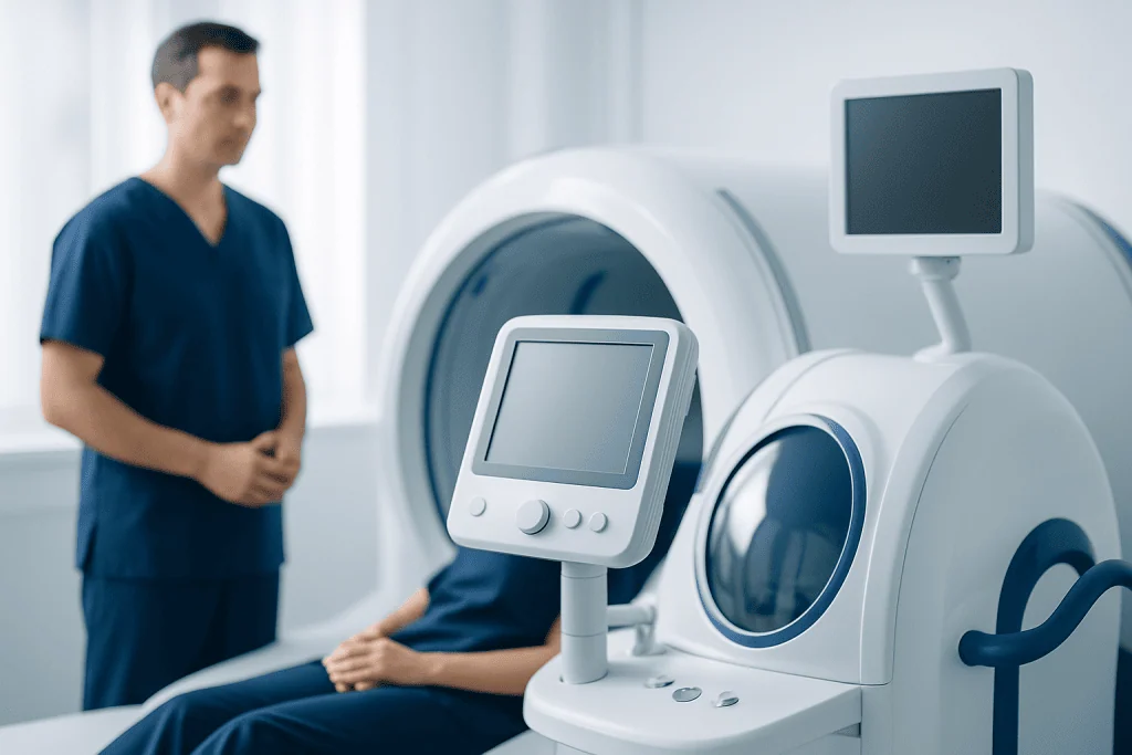 Modern MRI machine in a hospital room with a healthcare professional nearby.