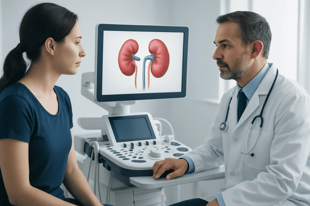 Doctor explaining kidney health to patient with kidney diagram on monitor.