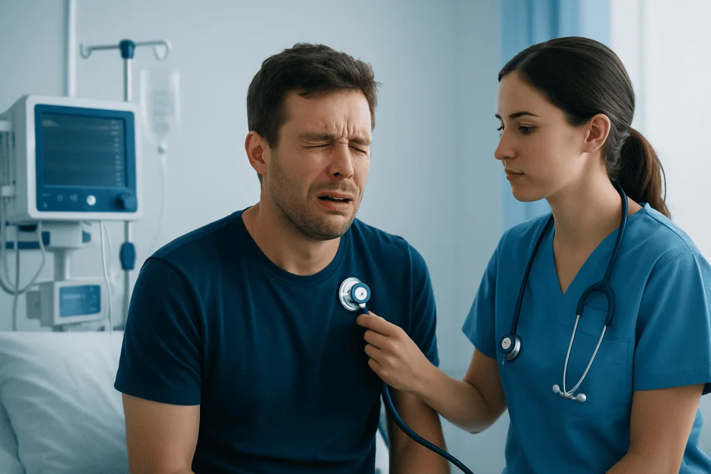 Patient experiencing discomfort during medical examination in hospital.