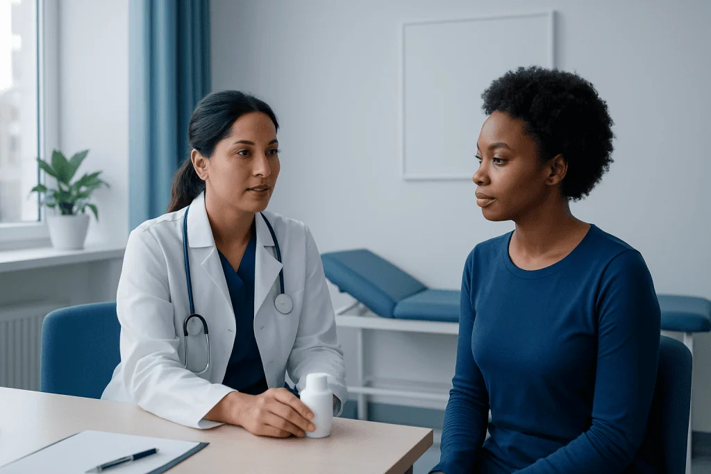 Doctor consulting with a patient in a modern medical office.