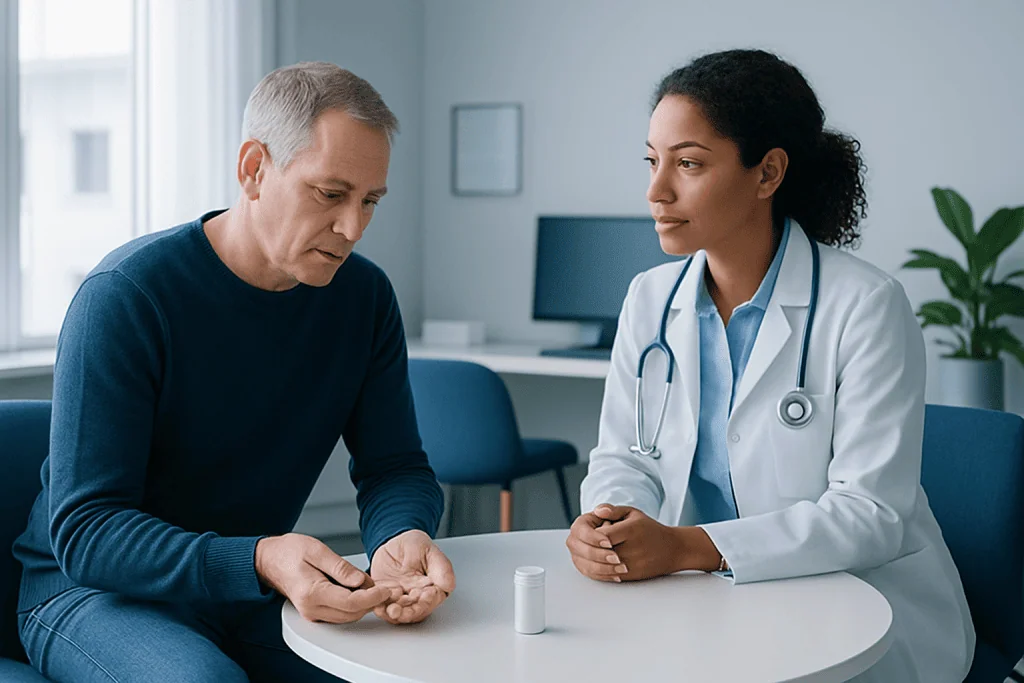 Doctor consulting with a patient about medication in a modern clinic setting.