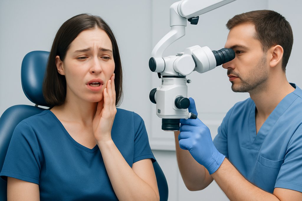 Patient experiencing dental discomfort during examination at Acibadem Hospital.