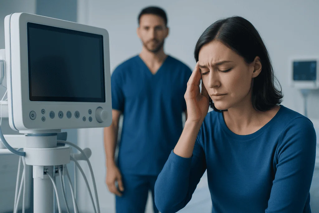 Woman experiencing headache in a medical setting with healthcare professionals nearby.