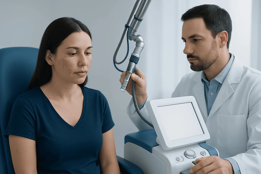 Dermatologist examining patient's skin with specialized equipment at Acibadem Hospital.