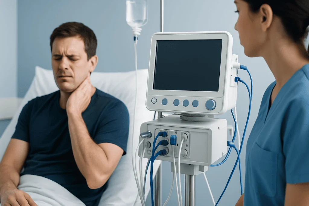 Patient experiencing neck pain during neurological examination at Acibadem Hospital.