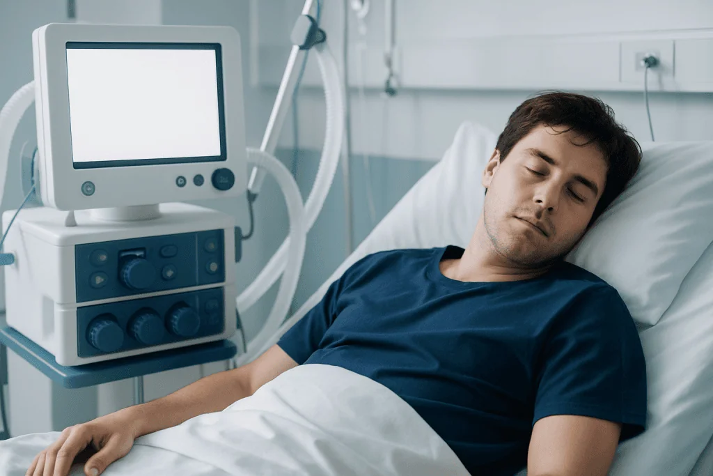 Young man sleeping in hospital bed with medical equipment nearby.