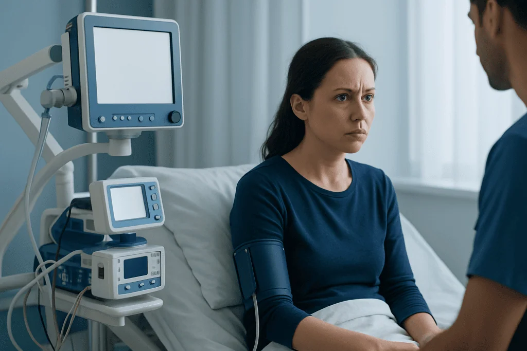 Patient in hospital bed during medical consultation at Acibadem Hospital.