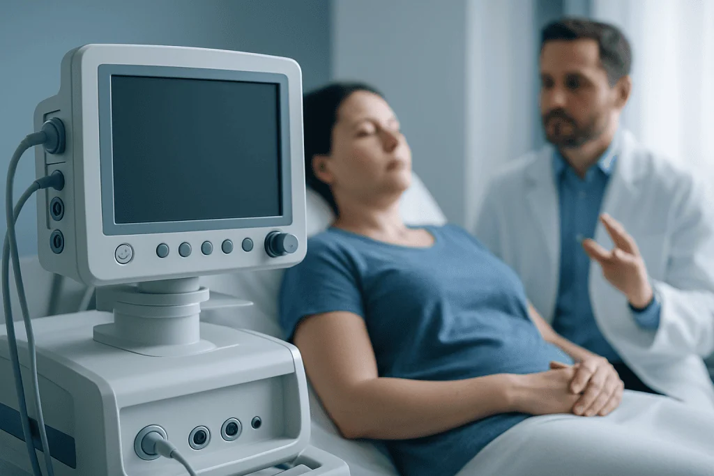 Medical consultation with ultrasound device at Acibadem Hospital.