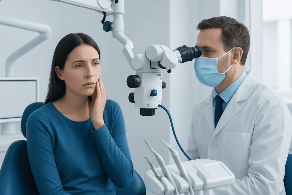 Dentist examining patient with dental microscope in clinic.