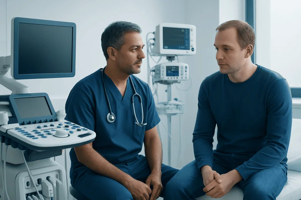 Doctor consulting with patient in a medical examination room at Acibadem Hospitals.