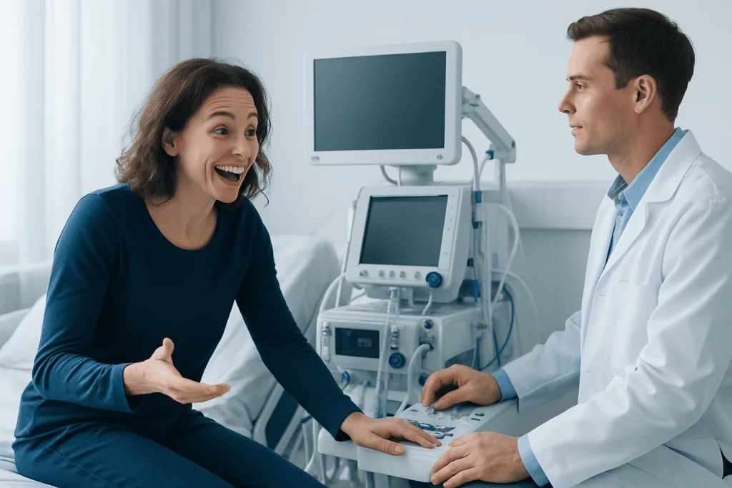 Patient smiling during consultation with doctor in hospital room.