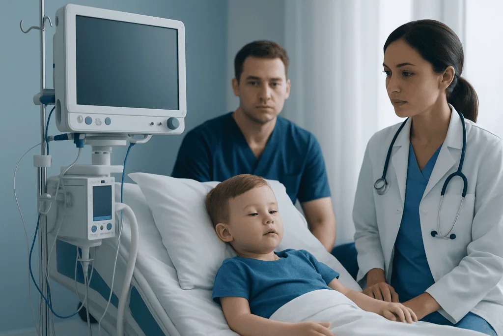 Pediatric patient in hospital bed with medical staff and monitoring equipment.