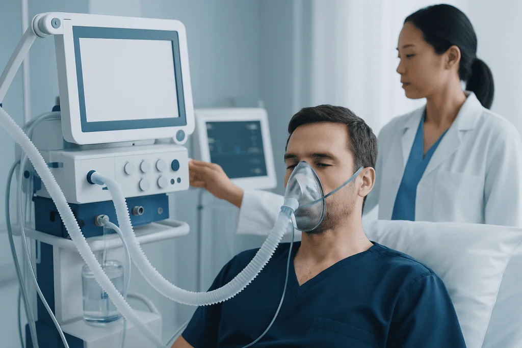 Patient receiving oxygen therapy with medical staff monitoring equipment in hospital.