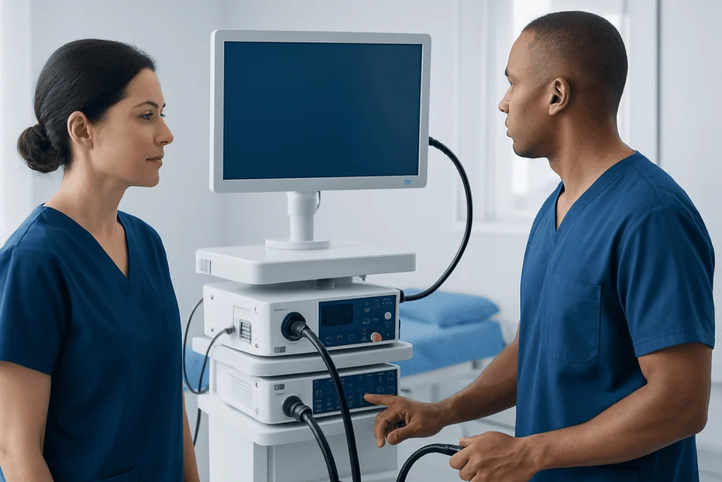 Medical professionals using endoscopy equipment in a hospital setting.