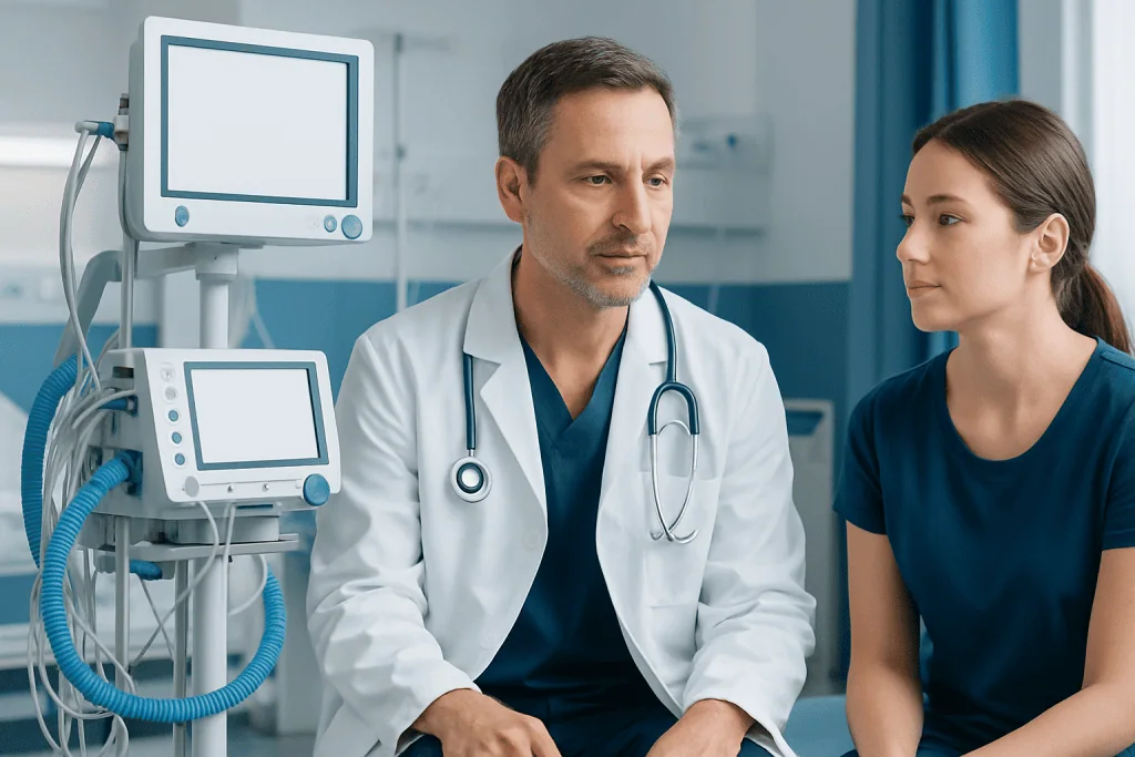 Doctor consulting with a young female patient in a hospital room.