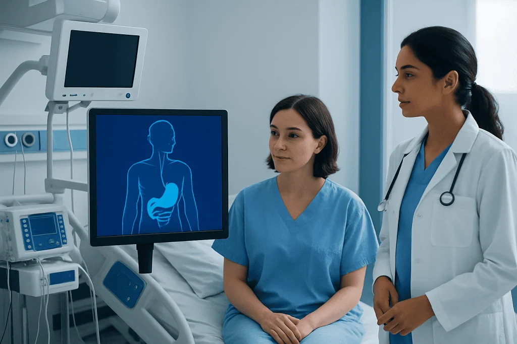 Doctors discussing a patient's digestive health in a hospital room.