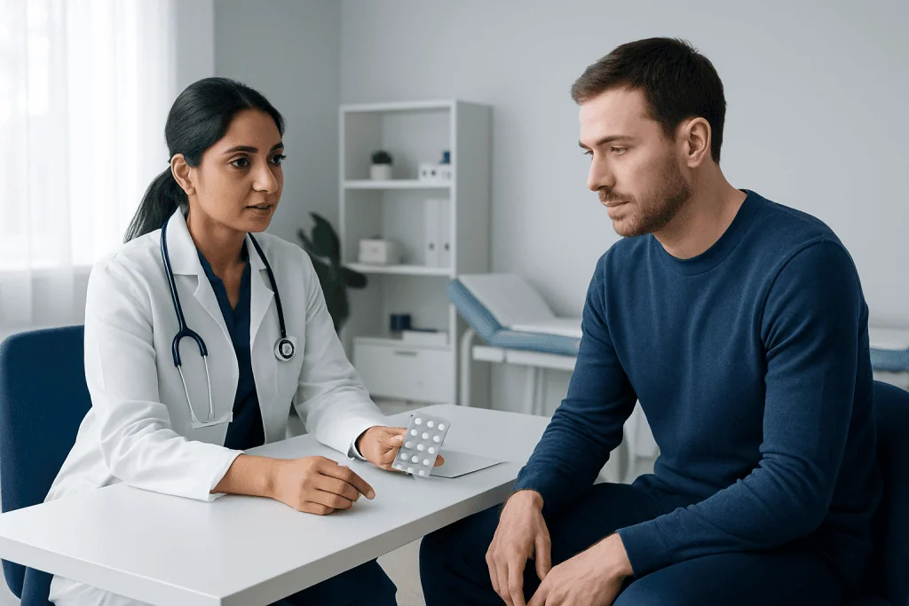 Doctor consulting with male patient in a medical office setting.