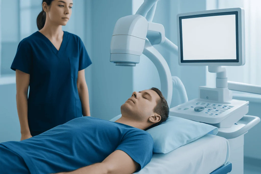 Medical professional preparing patient for a diagnostic procedure with advanced equipment.