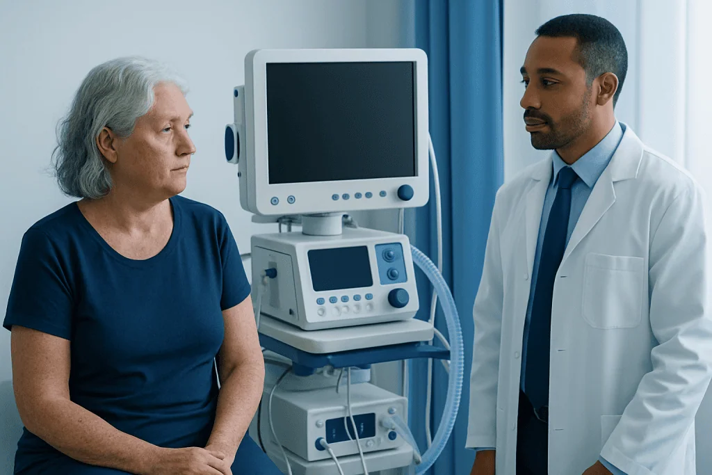 Doctor consulting with elderly patient in hospital room with medical equipment.