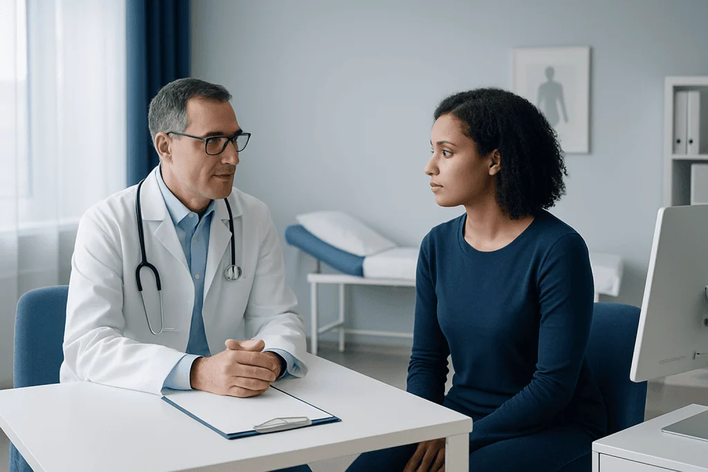 Doctor consulting with a patient in a medical office setting.