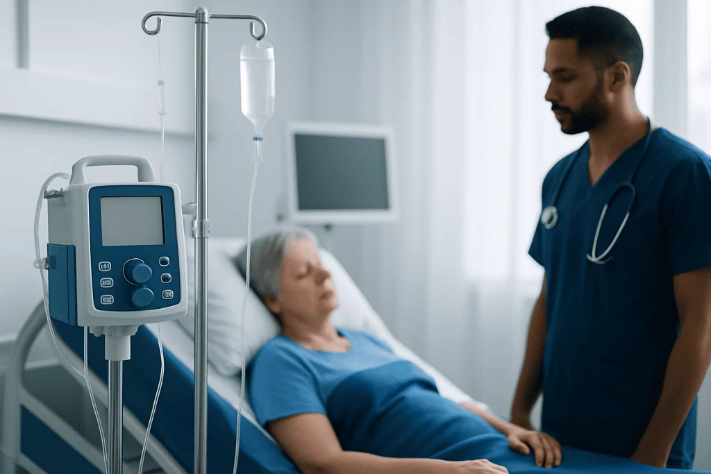 Hospital patient in bed with medical staff attending to her.