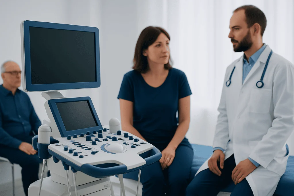 Doctor explaining ultrasound results to a patient in a medical consultation room.
