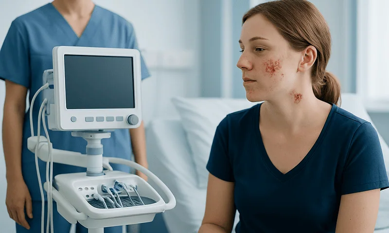 Young woman with impetigo skin infection in a medical setting.