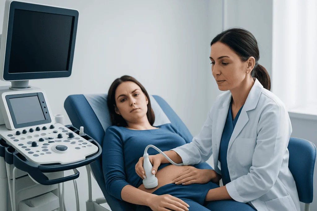 Doctor performing an ultrasound on a pregnant woman in a hospital.