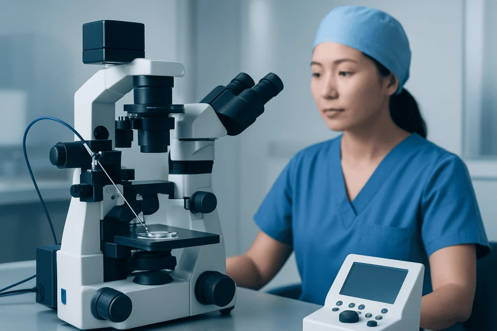 Female scientist using a microscope in a laboratory setting.