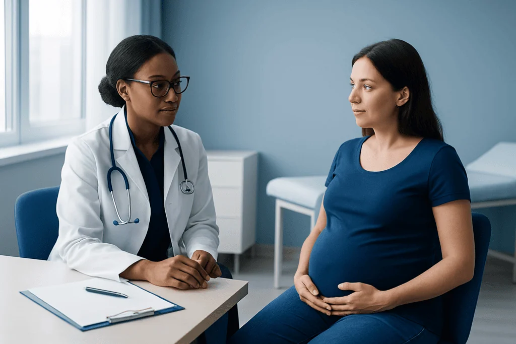 Pregnant woman consulting with a doctor in a medical office.
