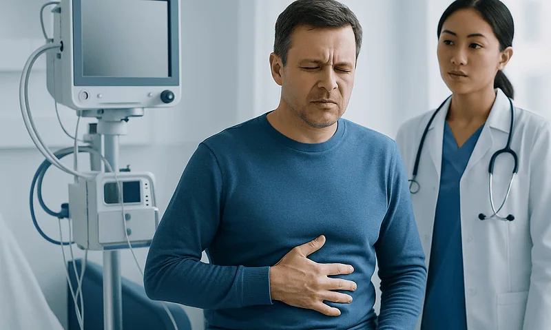 Indigestion: A Complete Medical Overview 10 Man experiencing stomach pain in a hospital setting with a doctor nearby.