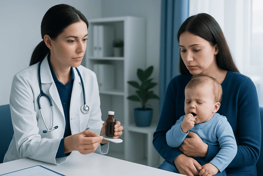 Pediatrician explaining medication to mother and child in a clinic setting.