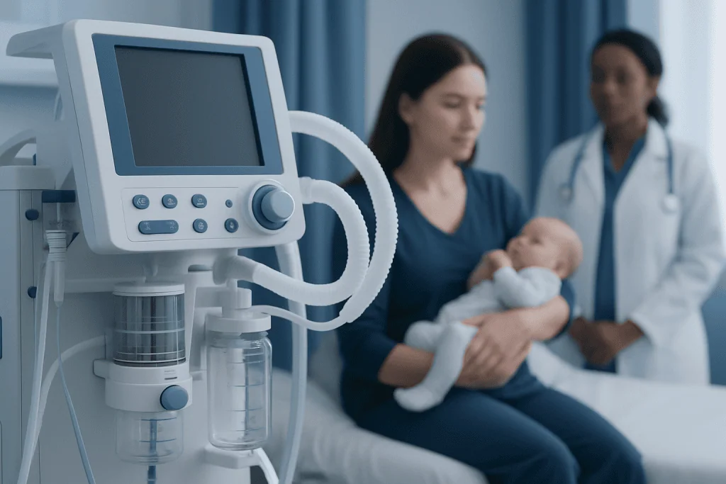 Neonatal care in hospital with ventilator and mother holding baby.