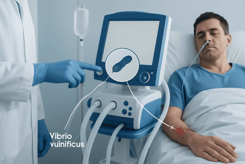 Medical professional explains Vibrio vulnificus infection to patient in hospital.